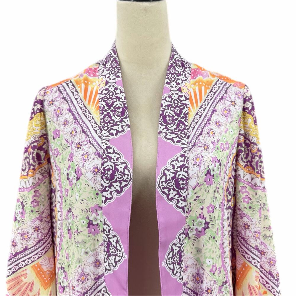 Chico’s Sz 0 Purple Pastel Coastal Tile Floral Satin Boho Chic Duster Cardigan - Picture 5 of 13